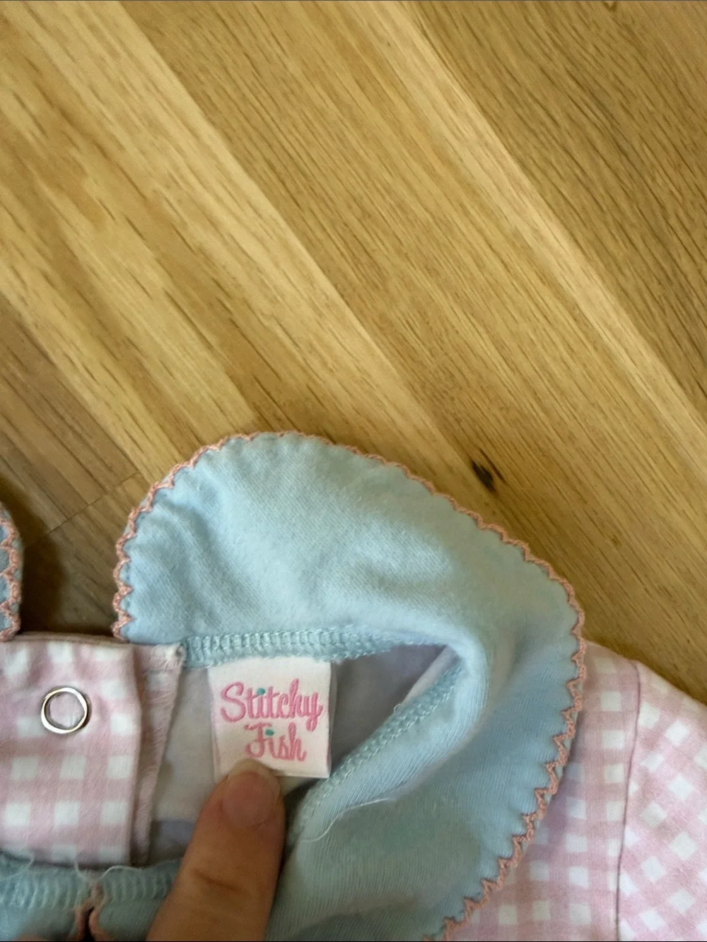 Pink Gingham Footed One-Piece with Light Blue Collar